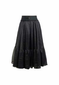 Black skirt featuring a textured fabric, elastic waistband with a logo detail, and a tiered ruffled hem for added volume and movement.