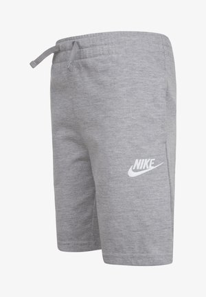 Pantaloni corti sportivi grigi realizzati in morbido cotone misto, dotati di una cintura elastica con cordino e un logo Nike bianco sulla coscia.
