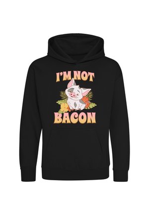 Sort hættetrøje med en smilende tegnesvin omgivet af blade og blomster og teksten "I'M NOT BACON" med store bogstaver.