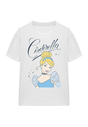 White cotton t-shirt featuring a Cinderella graphic, with a blue dress and light blue sleeves, accompanied by stylized text in black.