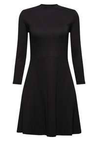 Robe noire à manches longues avec un corsage ajusté et une jupe légèrement évasée, dotée d'un col rond et d'un design simple et épuré.