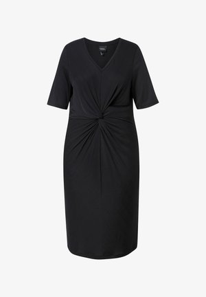 Sort kjole med korte ærmer, V-hals og en twistdetalje i taljen. Fremstillet af blødt materiale med en glat tekstur. Knælængde.