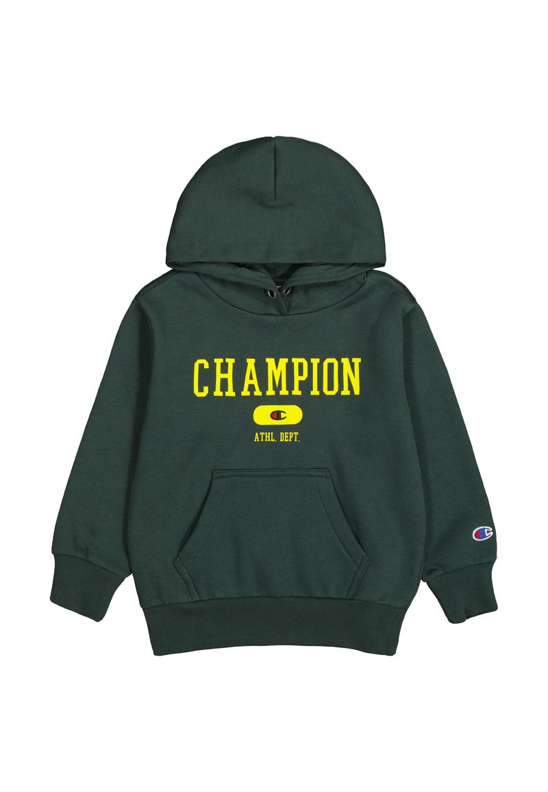 Felpa verde in cotone con tasca frontale. Presenta la scritta "CHAMPION" in giallo e un emblema sottostante. Include un cappuccio con cordino e polsini a coste.