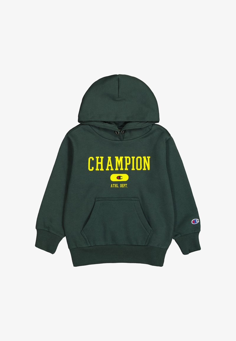 Grüne Baumwoll-Hoodie mit einer Fronttasche. Mit "CHAMPION" in Gelb und einem Emblem darunter. Mit Kapuze und Kordelzug sowie gerippten Bündchen.