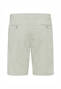 Lichtgroene gestreepte shorts met een fijne textuur, voorzien van twee achterzakken met knopen en een tailleband voor een veilige pasvorm.