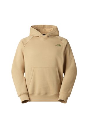 Beige hættetrøje med front-kængurulomme og lille grønt "The North Face"-logo på venstre bryst.