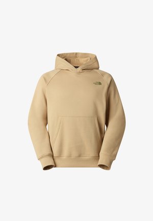 Beige hættetrøje med front-kængurulomme og lille grønt "The North Face"-logo på venstre bryst.