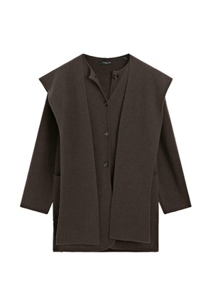 Indumento esterno in misto lana marrone con scollo a V, chiusura frontale con bottoni e maniche oversize. Presenta due tasche frontali e una texture liscia.