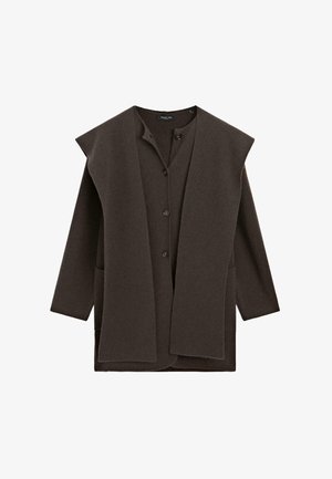 Bruin wollen mix buitenkledingstuk met een V-hals, knoopsluiting aan de voorkant en oversized mouwen. Voorzien van twee voorkanten zakken en een gladde textuur.