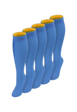 Five pairs of blue knee-high socks with yellow inner lining, arranged upright in a row on a white background.
