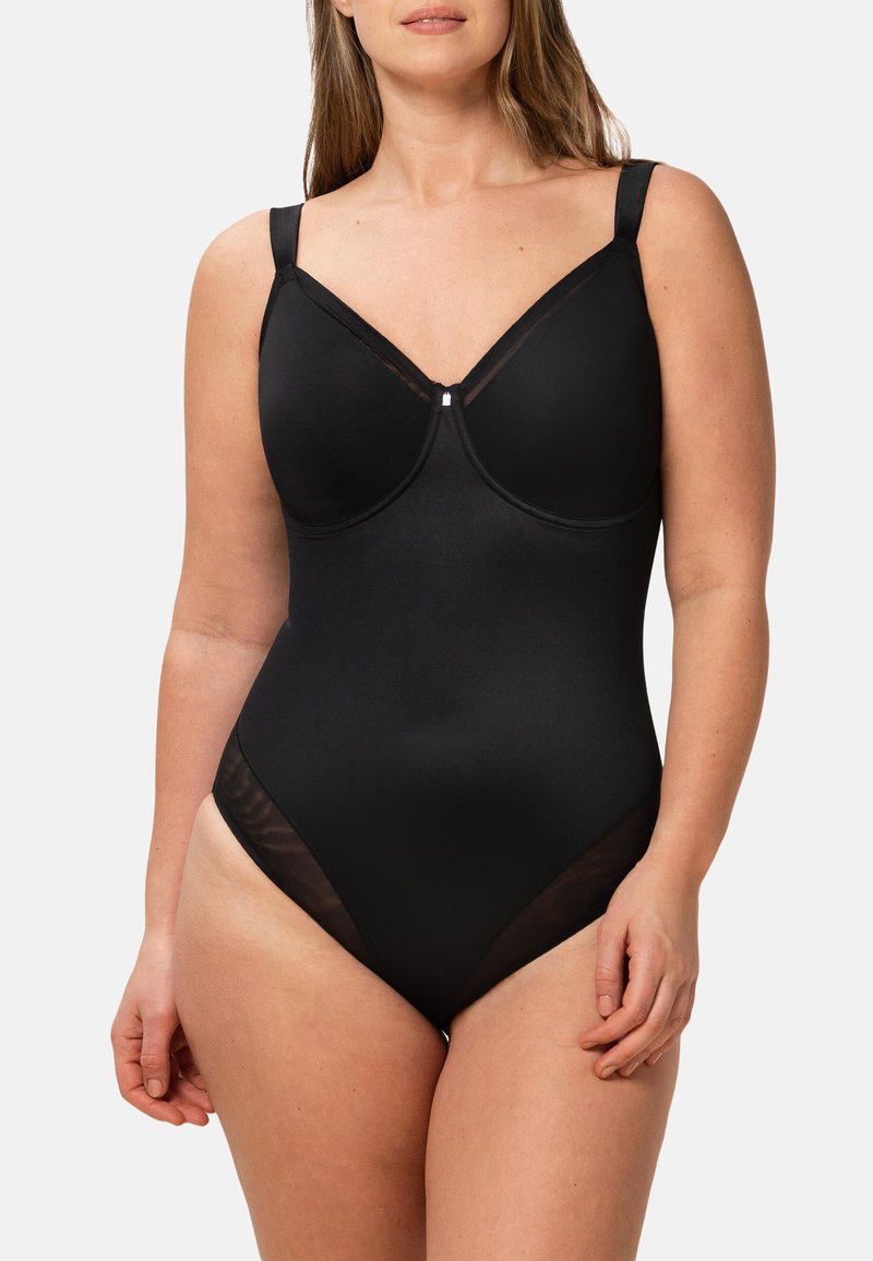 Schwarze Einteiler-Badeanzug mit verstellbaren Trägern, geformten Cups und transparenten Seitenpaneelen. Glattes Gewebe mit figurbetonter Silhouette.