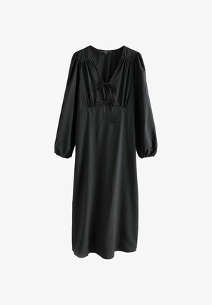 Black midi dress featuring a V-neckline, tie detail at the front, and long puff sleeves with elastic cuffs, made of soft fabric.