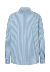 Helles blaues Langarmhemd mit weißen vertikalen Streifen, klassischem Kragen und Knopfdetails an den Manschetten. Die Rückansicht zeigt eine lockere Passform.