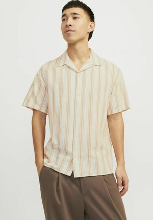 Short-sleeve, button-up shirt in cream with vertical stripes in light orange and beige tones, featuring a camp collar and relaxed fit.