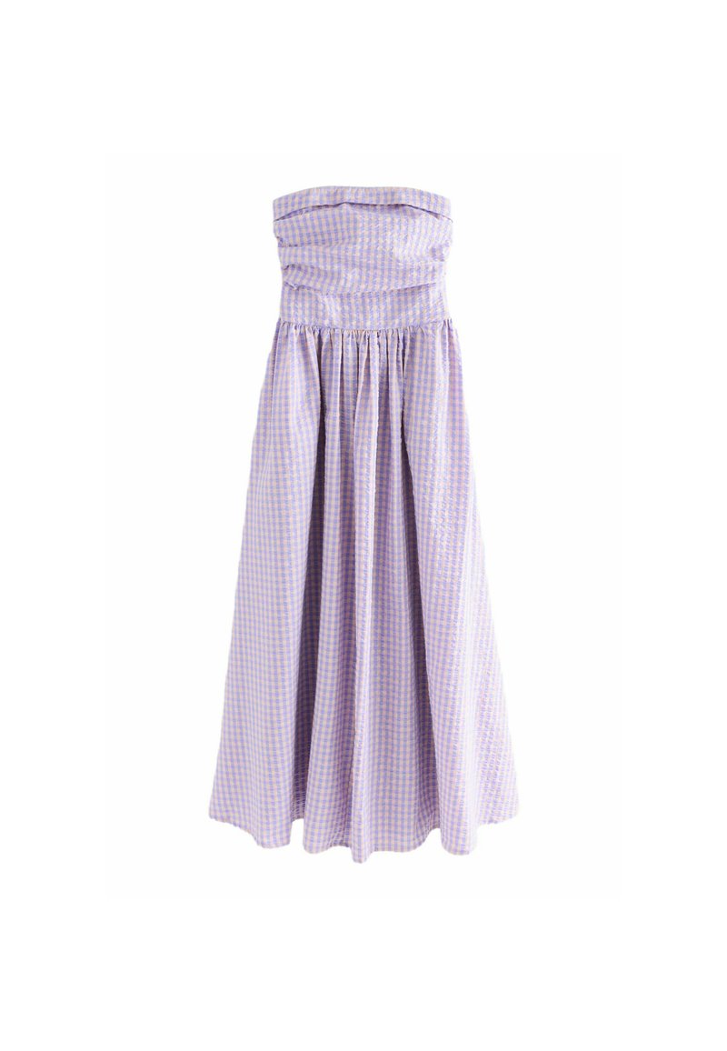 Gingham strapless jurk in lavendel en wit. Heeft een geraffineerde lijfje en een volle rok. Gemaakt van lichte stof met een gladde textuur.