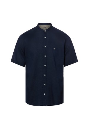 Short-sleeve navy blue button-up shirt with stand collar and small embroidered logo on the left chest.