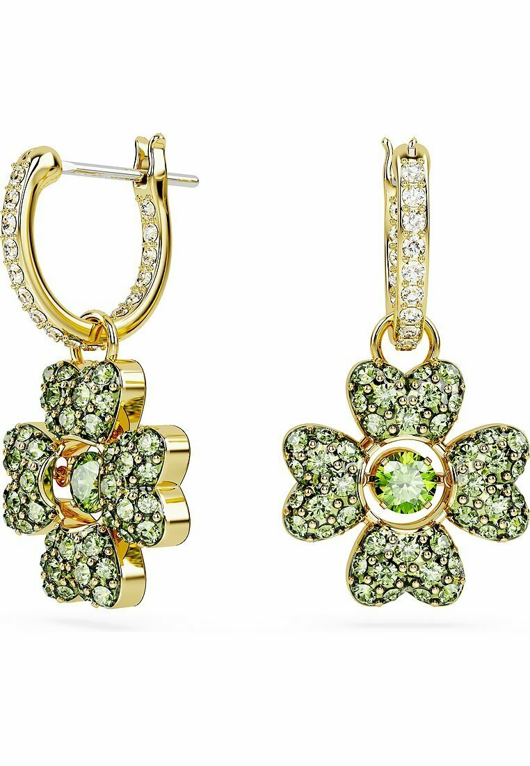 Zlaté kruhové náušnice s dizajnom kvetu a zelenými drahokamami, stredovým kameňom a trblietavými akcentami. Prepracovaná, elegantná textura po celom povrchu.