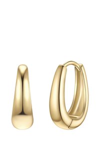 Orecchini a cerchio in oro con una finitura liscia e lucida. Presentano una forma a goccia e un design unico con interlocking.