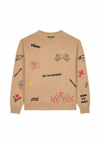 Felpa beige con vari design ricamati: una rosa, ali, cuori, fiamme e testo in filo nero e colorato.