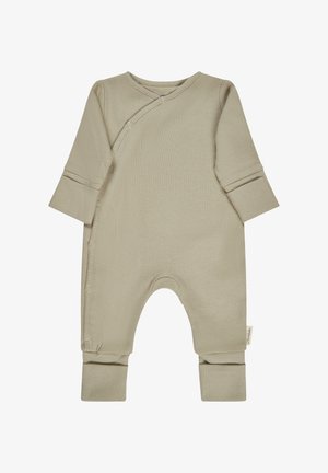 Beige babyheldragt med ribstrik, lange ærmer, foldbare manchetter og sidelåseknapper for nem påklædning.