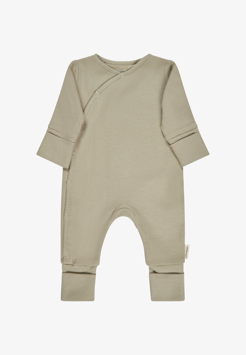 Barboteuse bébé beige côtelée à manches longues, avec poignets pliables et boutons-pression latéraux pour un habillage facile.