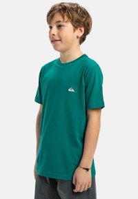 Zelené bavlnené tričko s krátkymi rukávmi a okrúhlym výstrihom. Obsahuje malé biele logo na ľavej hrudi. Voľný strih s hladkým povrchom.