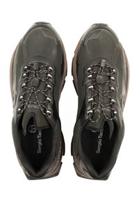 Black and brown waterproof hiking shoes with a textured upper, elastic lacing system, and padded collar for comfort and support.