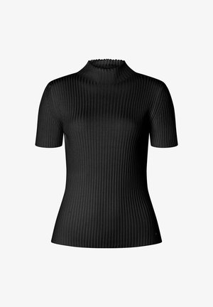 Schwarzes, geripptes Kurzarmoberteil mit hohem Stehkragen und figurbetonender Silhouette. Hergestellt aus einem dehnbaren Stoff mit glatter Textur.