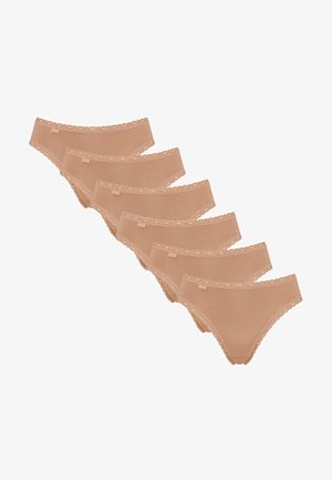 Beige Baumwollunterhosen mit spitzen Besätzen, im niedrigen Schnitt und aus weichem Material, angezeigt in einem Set von sechs.