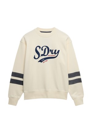Creme sweatshirt med rund halsudskæring, prydet med marineblå og rødt broderet logo. Mørkegrå striber på ærmerne tilføjer kontrast til designet.