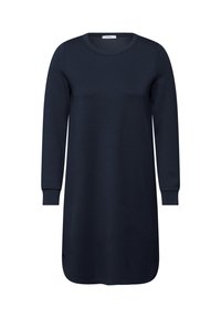 Granatowa sukienka z długim rękawem, wykonana z miękkiego materiału, z okrągłym dekoltem i luźnym krojem, z bocznymi rozcięciami u dołu.