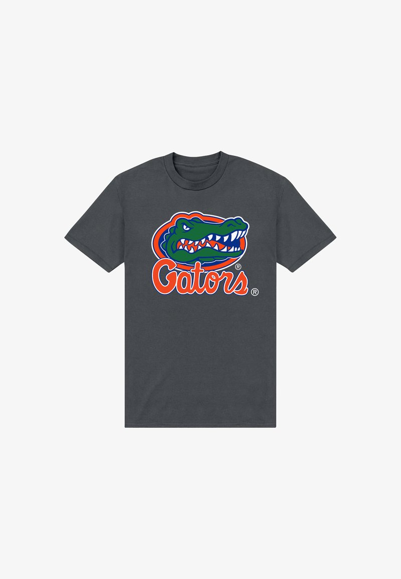 Dark gray short-sleeve shirt featuring a large green alligator head logo with sharp teeth and the word "Gators" in orange below.