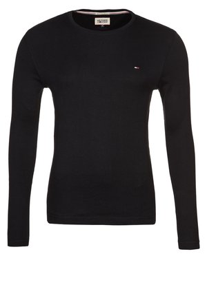 Sort, langærmet crewneck-trøje med lille Tommy Hilfiger-flaglogo på brystet og en mærket halslabel.