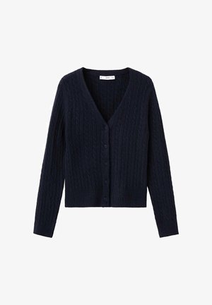 Námořnická modrá kardigán s pleteným vzorem, V výstřihem, dlouhými rukávy a zapínáním na knoflíky. Žebrovaný lem a manžety dodávají texturu.