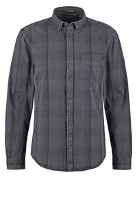 Szara koszula na długi rękaw z guzikami, delikatnym wzorem w kratę i jedną kieszenią na piersi, kołnierz z detalami w postaci guzików.