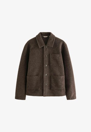 Braune Wolljacke mit Kragen, zwei Fronttaschen und Knopfverschluss. Bietet eine strukturierte Oberfläche und ein gerades Design.