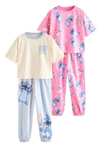 Zwei Sets Kinderpyjamas mit kurzärmeligen Oberteilen und elastischen Hosen. Die Materialien sind weiche Baumwolle; Farben sind Gelb, Pink und Blau, mit verspielten Charakterdrucken.
