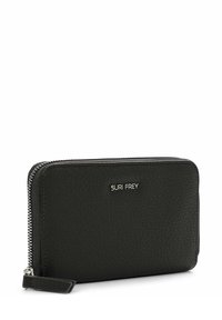 Black leather wallet with a textured finish, zip closure, silver hardware, and embossed logo. Rectangular shape, compact design.