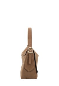 Brown suede handbag with a flat bottom, side seams, a single handle, and gold-tone hardware. Features a distinct flap and curved design.