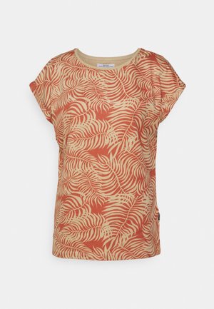 Shirt met korte mouwen met een beige en roestkleurig tropisch bladerenpatroon, ronde hals en een ontspannen pasvorm.
