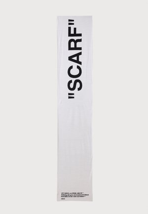 Écharpe blanche longue et rectangulaire avec un texte noir audacieux "SCARF" entre guillemets et un petit logo Off-White en bas.
