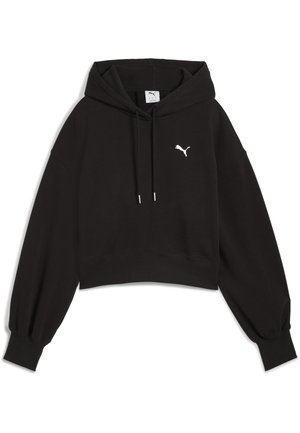Sudadera corta negra de tejido de sudadera. Presenta una capucha con cordones, mangas anchas y un logo de Puma en blanco en el pecho.