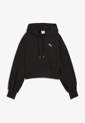 Sort cropped hoodie lavet af sweatshirtstof. Har en justerbar hætte, brede ærmer og et hvidt Puma-logo på brystet.