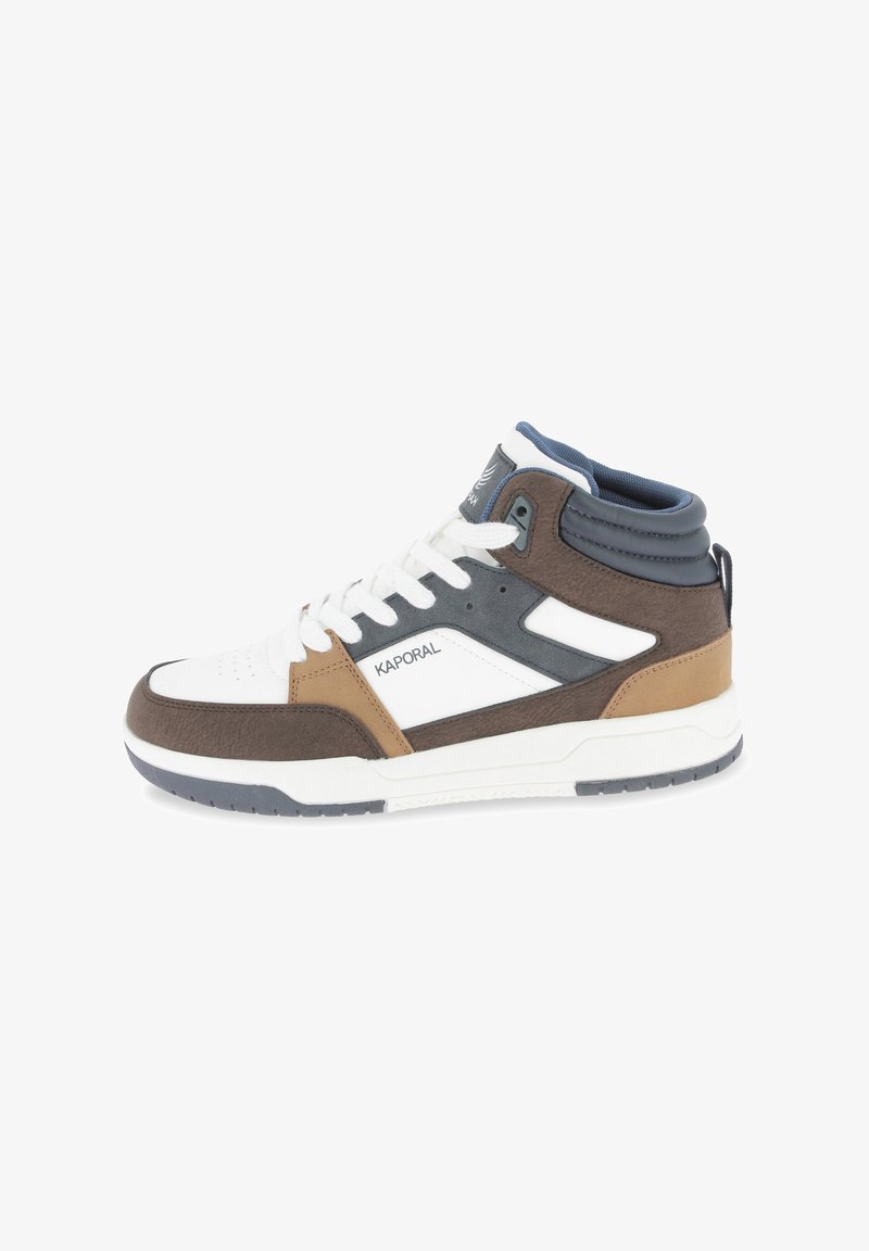 High-top sneakers in white, brown, and gray leather. Features include a textured toe, white laces, and subtle branding on the side.