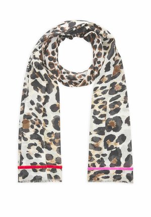 Leichter Schal mit braunem und schwarzem Leopardenmuster und leuchtend roten und pinken Streifen nahe den fransigen Enden.