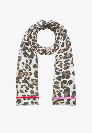 Leichter Schal mit braunem und schwarzem Leopardenmuster und leuchtend roten und pinken Streifen nahe den fransigen Enden.