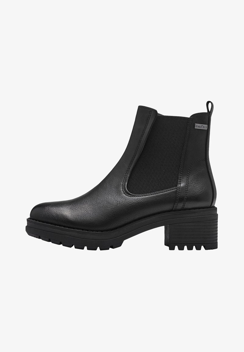 Botas de tobillo de cuero negro con paneles laterales elásticos, superficie texturizada, puntera redonda y un tacón de plataforma grueso con suela con relieve.