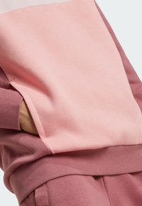 Sudadera con un diseño colorido que presenta una sección superior de color rosa claro y una inferior de rosa más oscuro. Fabricada en una suave mezcla de algodón con puños acanalados.