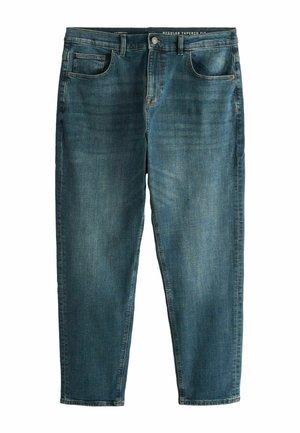 Blauwe jeans met een normale, taps toelopende pasvorm, voorzakken, lussen voor een riem en een knoopsluiting.