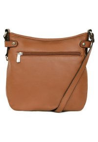 Borsa a tracolla in pelle marrone con una tasca con zip sulla parte anteriore, tracolla regolabile e una texture liscia. Design semplice con accenti metallici.